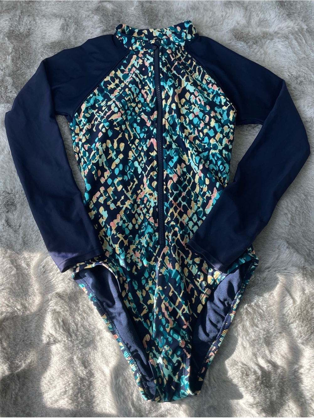 all in motion Navy Multi-Color Long Sleeve One-Piece Swimsuit-0278